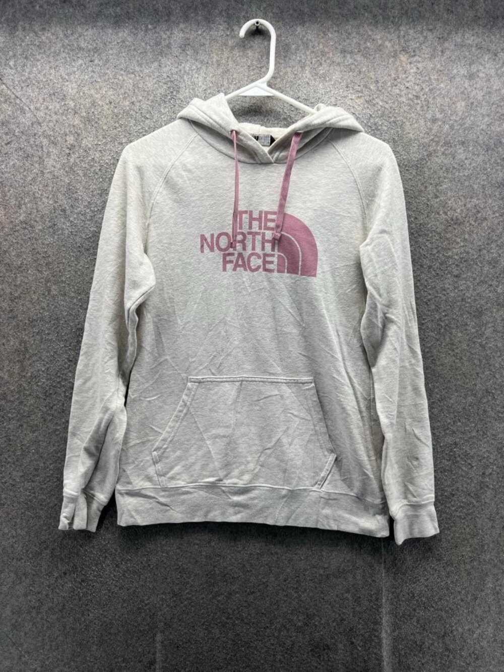 The North Face Hoodie Womens Small Beige Fleece Pink Logo Pullover Sweatshirt